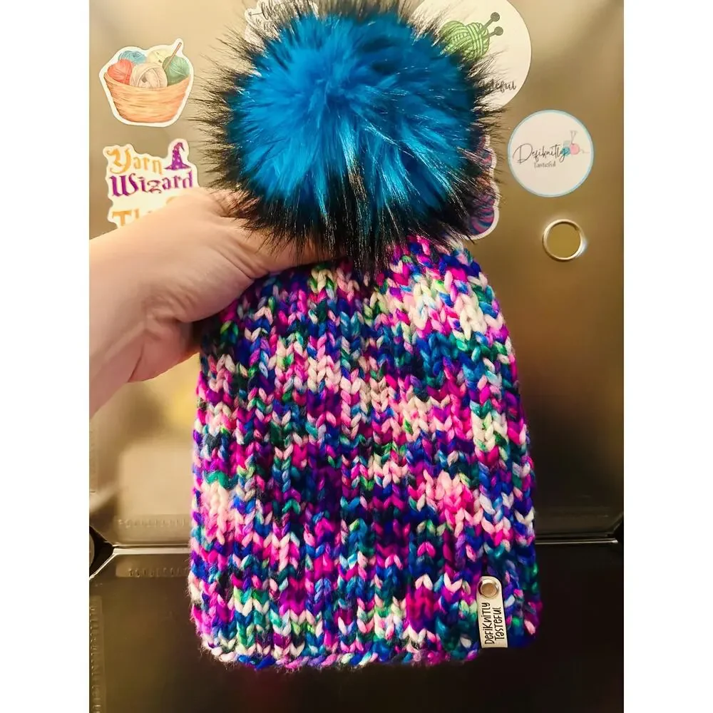 Hand Knit Merino Wool Beanie: Bulky Chic Hat with Faux Fur Pom
